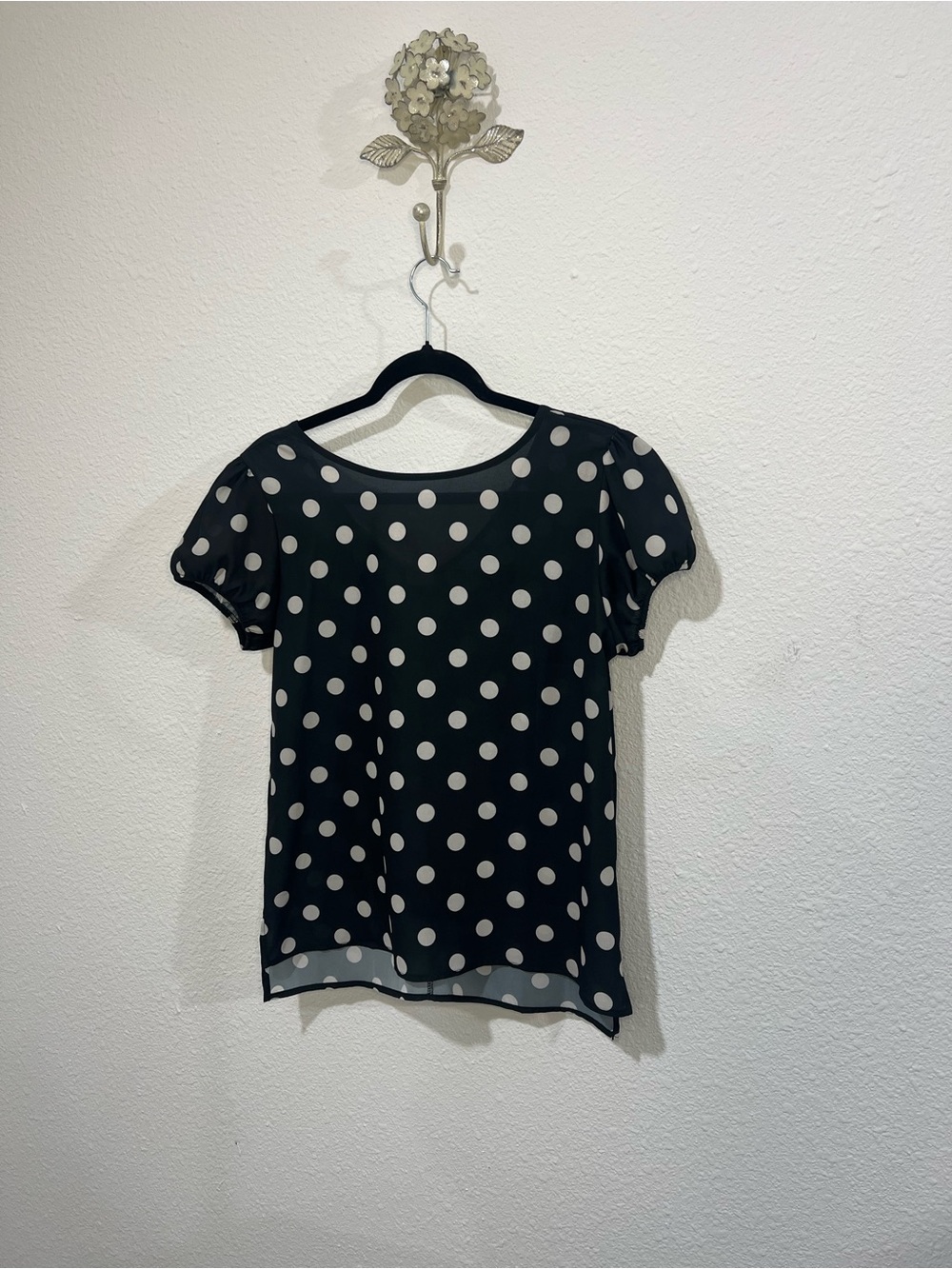 New York & Company Black Blouse with White Polka Dots
